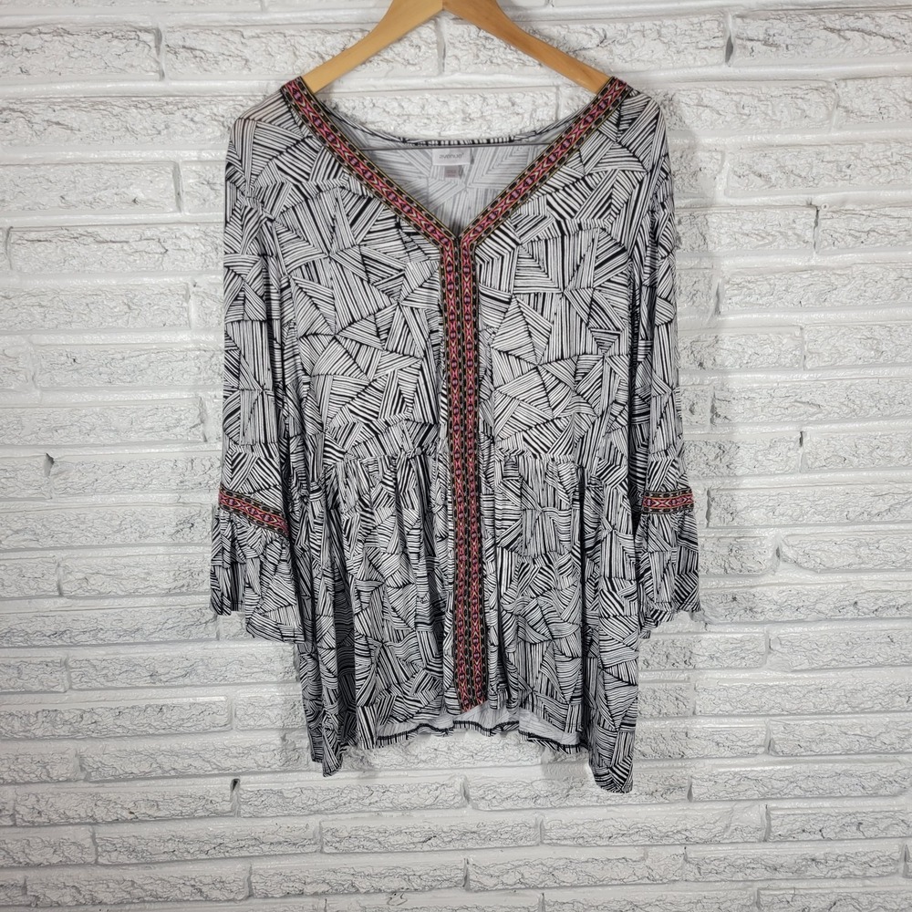 Avenue Geometric Tunic Top 22 24 Plus 3/4 Bell Sleeve Embroidered Multicolor